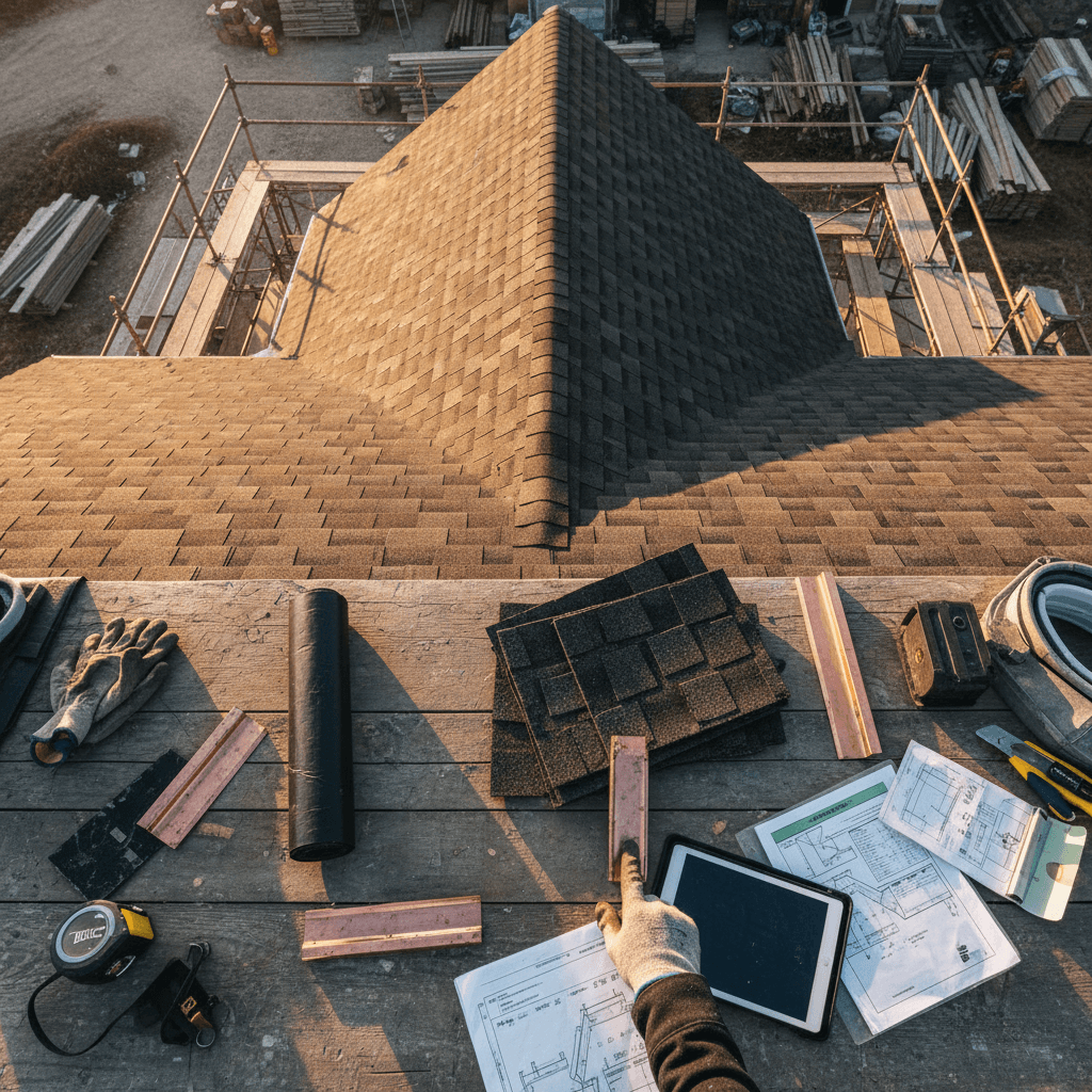 Roofing contractor reviewing inspection materials on jobsite