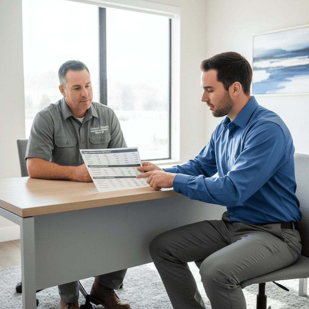 Roofing contractor and specialist reviewing transparent pipeline metrics