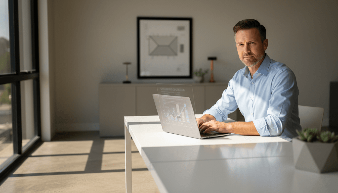 Roofing company owner reviewing lead pipeline metrics on laptop