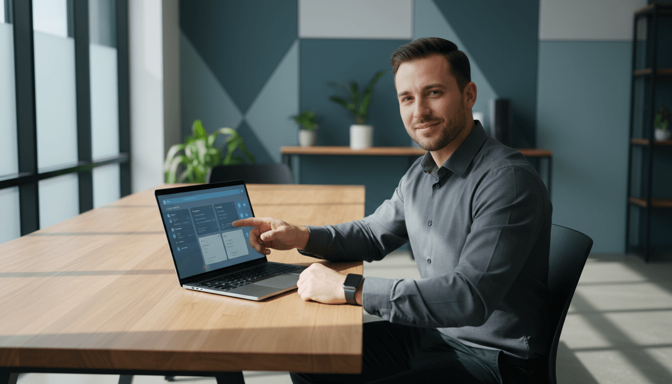 Roofing contractor reviewing automated lead pipeline dashboard on laptop