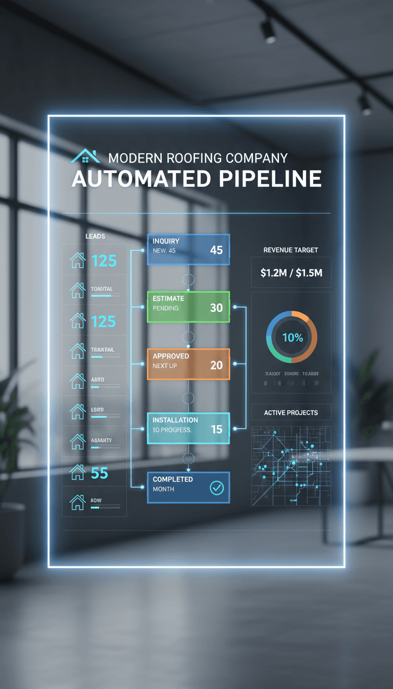 Dashboard displaying automated lead pipeline and inspection scheduling system for roofing contractors