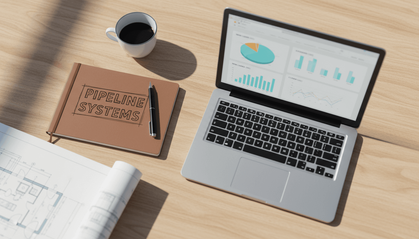 Roofing contractor working with Pipeline Systems lead management dashboard on laptop