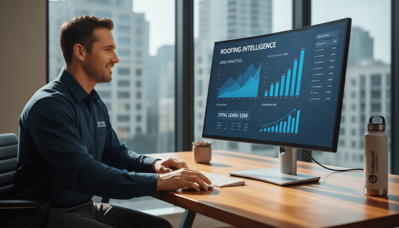 Roofing contractor reviewing lead pipeline dashboard on computer screen