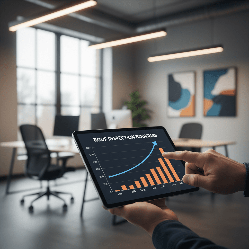 Roofing contractor reviewing consistent growth metrics on tablet